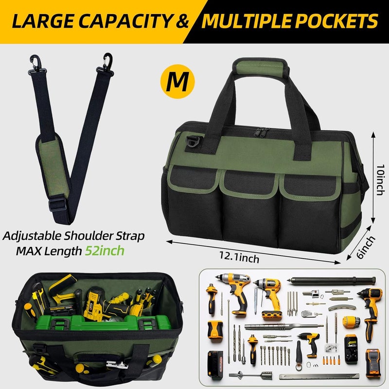 NECKORY Tool Bag, Portable Tool Box Organizer Adjustable Shoulder Strap, Carry Tool Tote Heavy Duty Tool Storage Bag With Wide Mouth,Tool Bags for Men Mechanic EngineerGift - M, Army Green & Black - Image 2